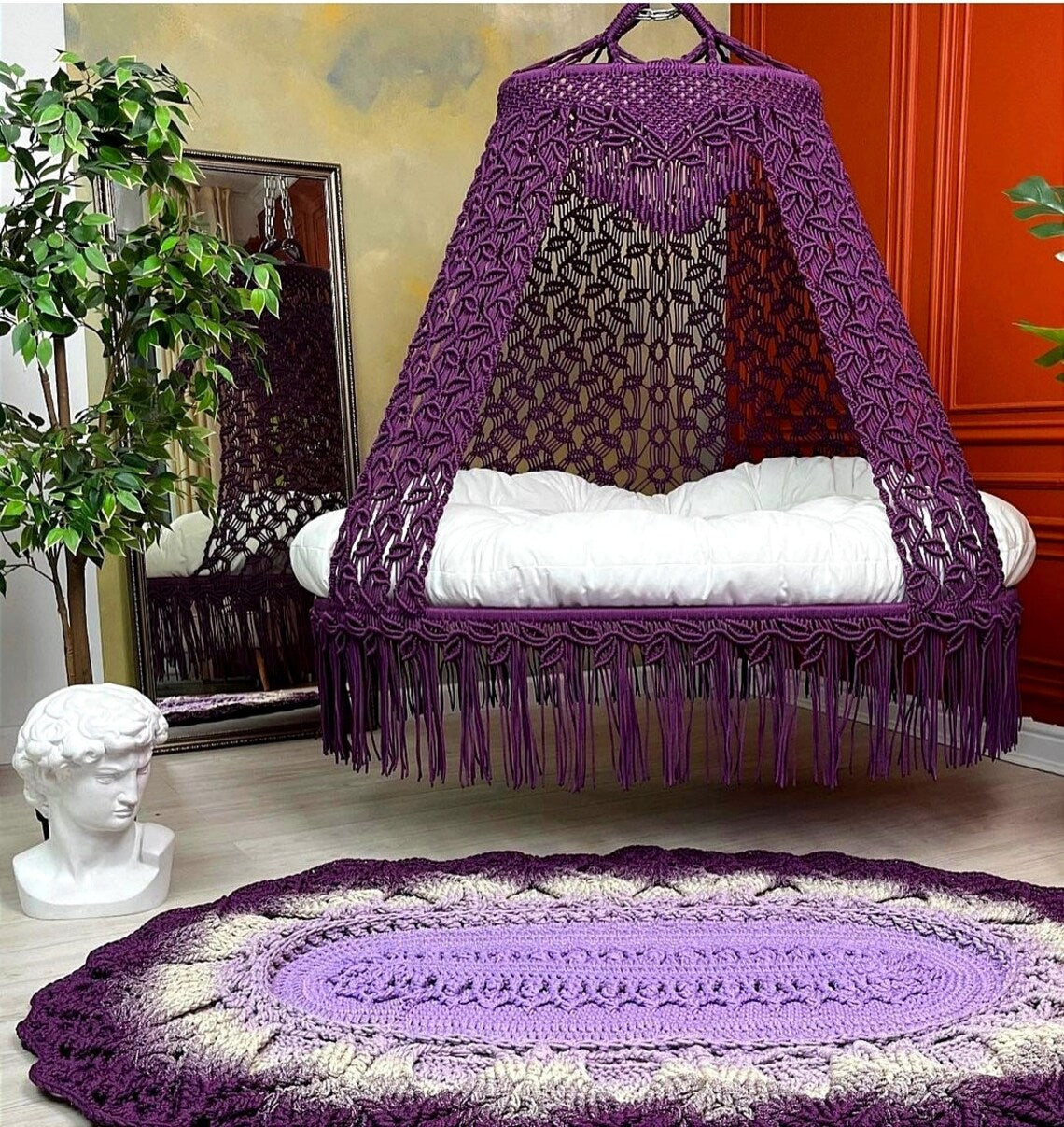 Purple Macrame Sofa Swing With Mattress And Cushions - Leechoo